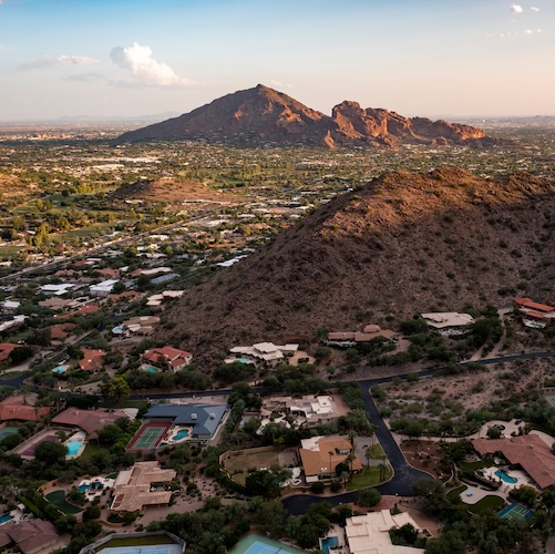Aerial view of neighborhoods in Paradise Valley near Camelback Mountain in Arizona.