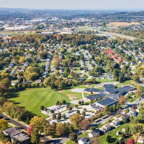 Aerial view of suburban neighborhood in Pennsylvania.