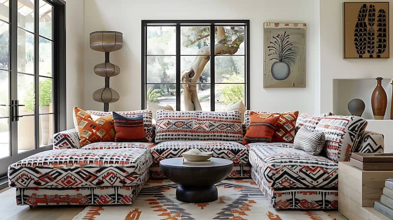 Living room featuring bold geometric earth toned textiles on rug, throw pillows and midcentury modern style sectional couch.