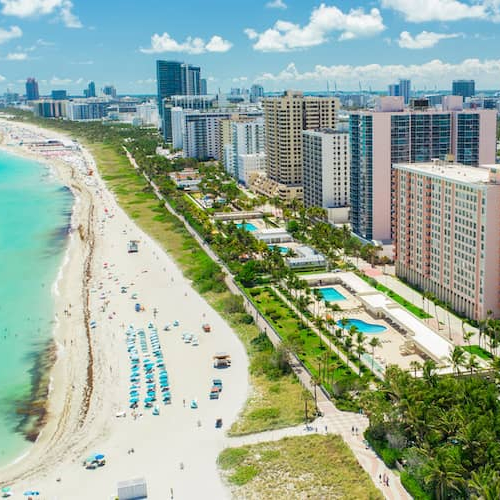 An aerial view of Miami, depicting a cityscape or travel destination.