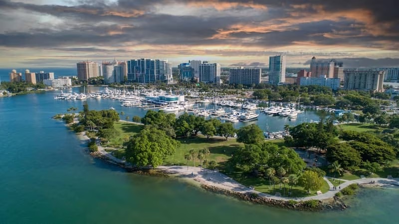 Sarasota, Florida aerial view at sunset.