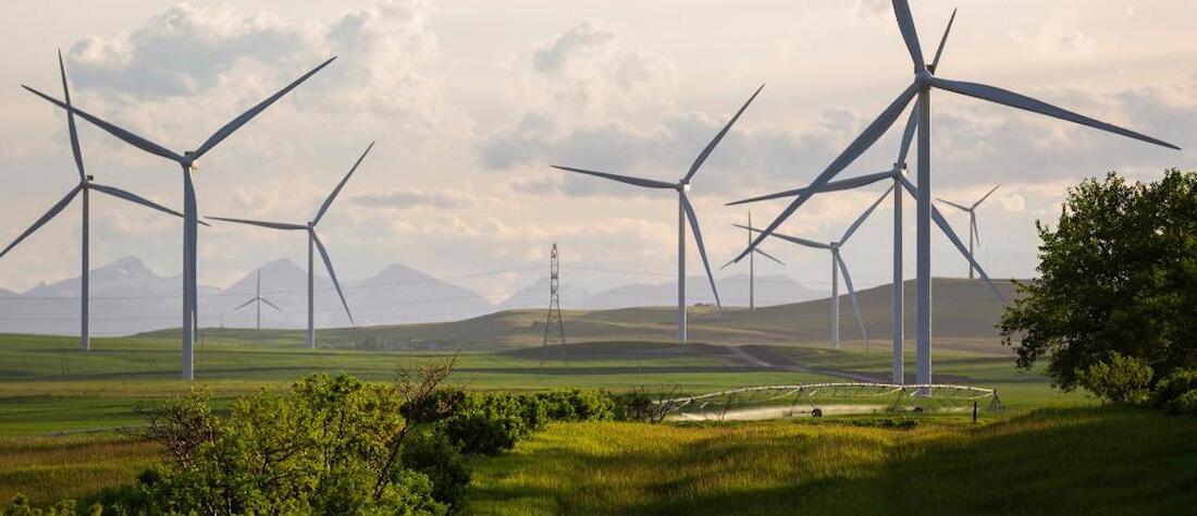 Wind turbines in field with mountains in the distance.