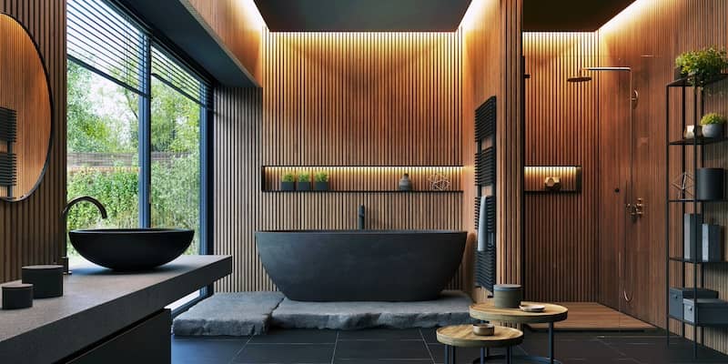 Contemporary bathroom with cedar walls, large window, and black tub.