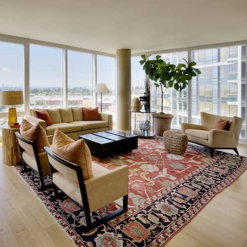 Interior of luxury high rise condo living room.