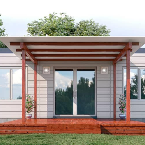 Modern modular home exterior, potentially depicting a contemporary prefab home design.