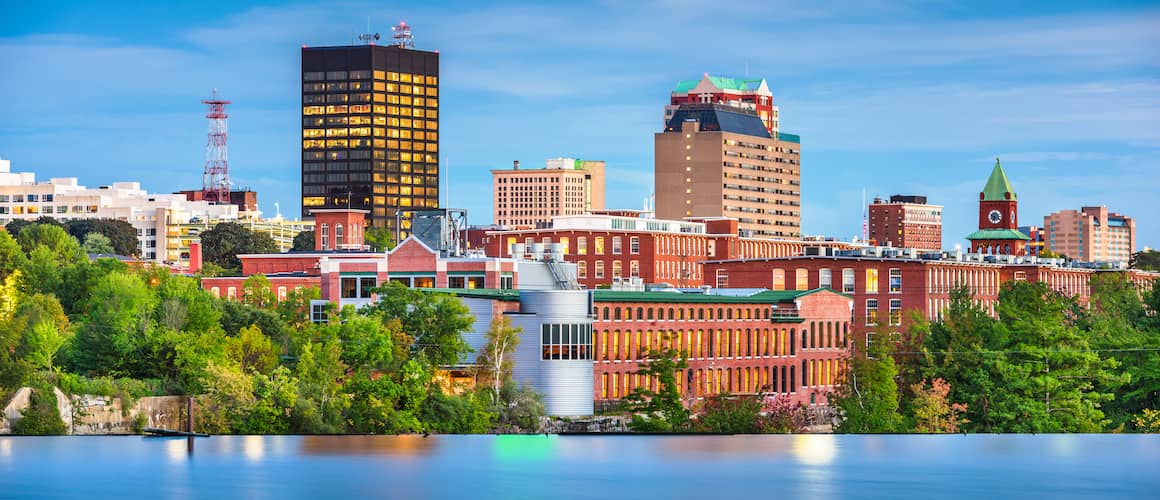 RHB Assets From IGX: Manchester, New Hampshire skyline and the Merrimack River.