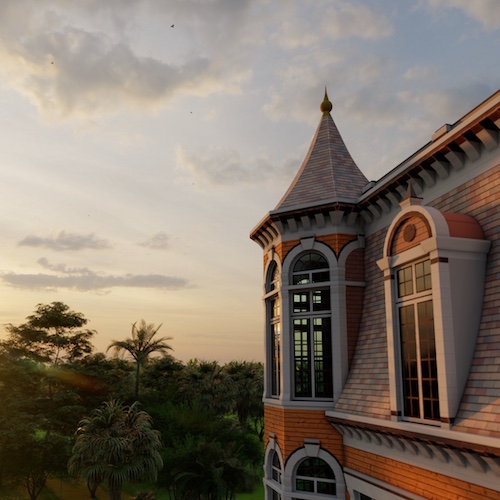 Victorian house with view on the sunset and the forest.