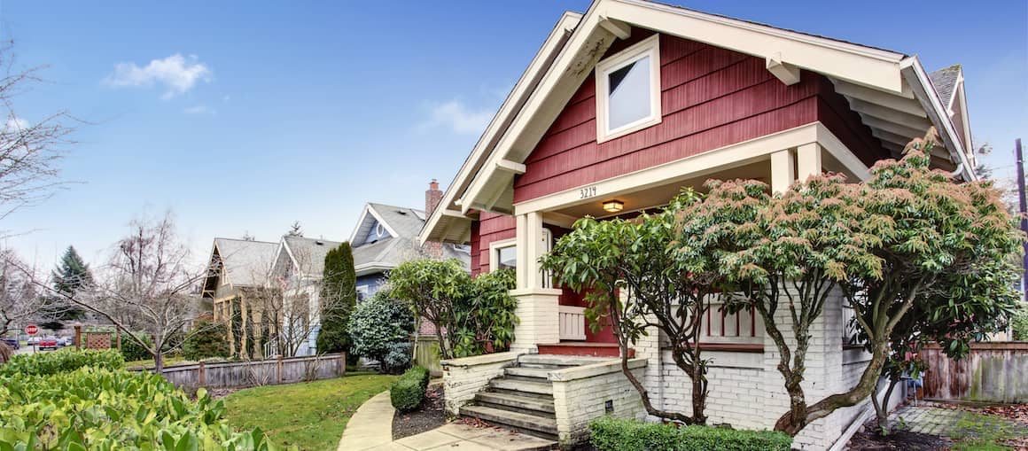 Exterior of a red house, illustrating the exterior appearance of a red-colored house.