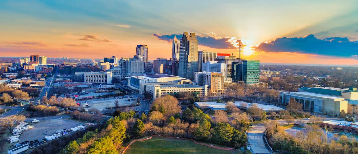 The skyline of Raleigh, showcasing the cityscape and urban environment.