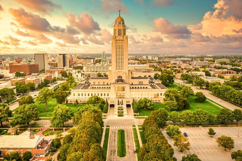 Lincoln, Nebraska center at sunset.