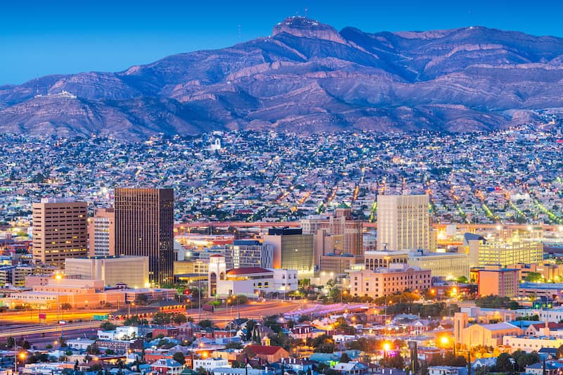 Downtown El Paso, Texas at dusk. 