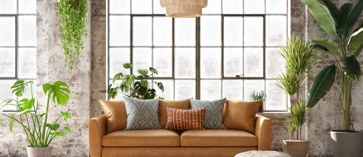 Interior of industrial style loft with brown leather couch, large windows and a lot of houseplants hanging and around the open floor plan room.