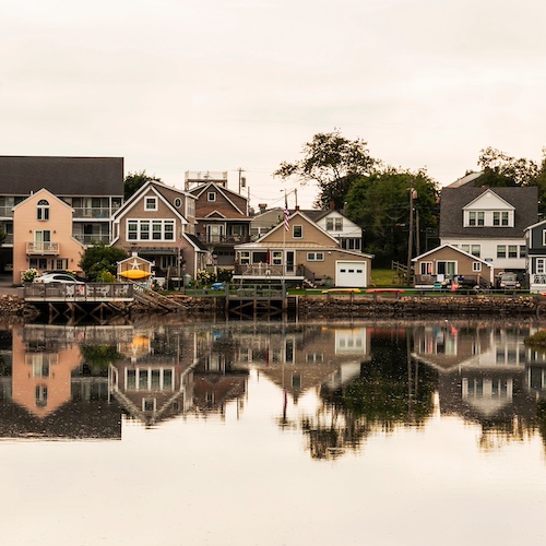 Row of houses along Maine coast.