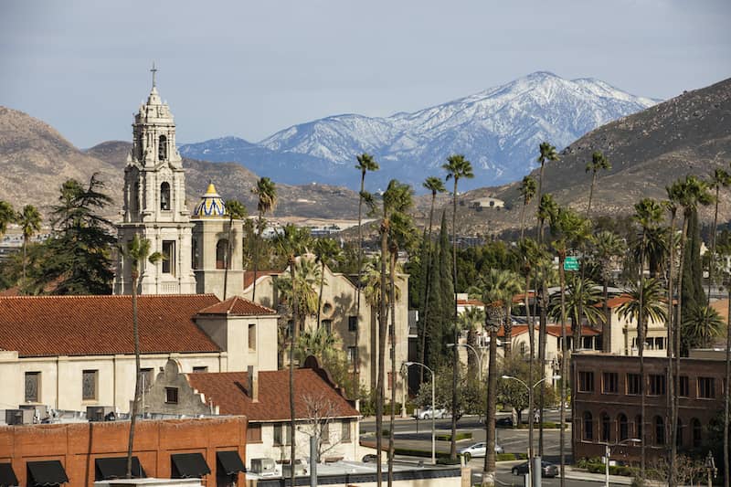 Snow Capped Mountain View Of The Historic Skyline Of Riverside California