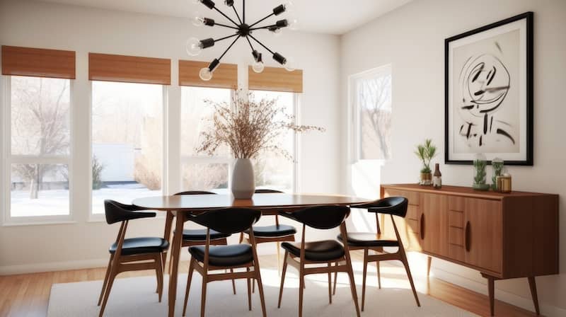 Midcentury modern dining room styled with black Sputnik chandelier, black Eames style dining room table and chairs and wood side board table.