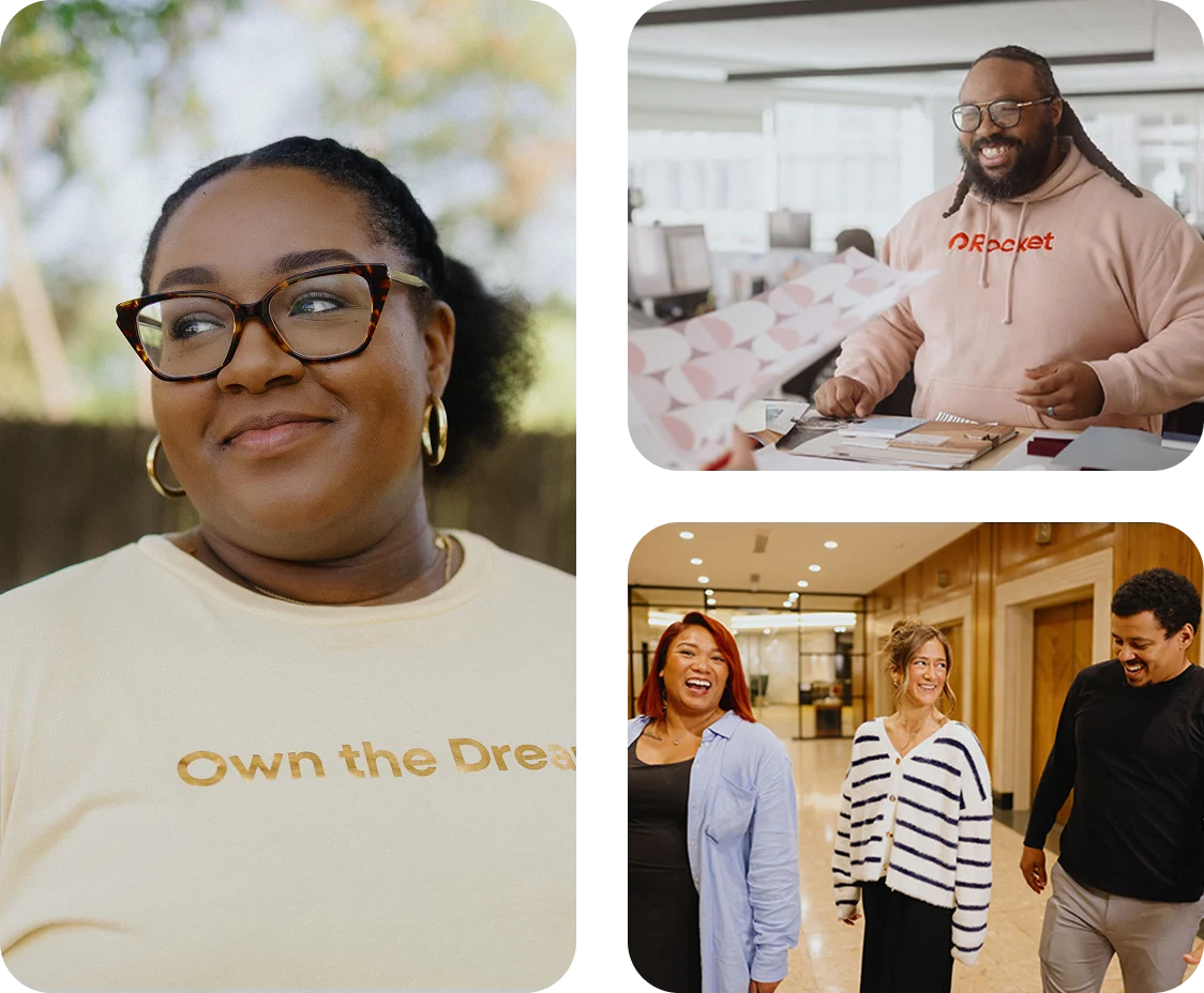 The first image on the left shows a tall building against a clear sky with greenery at the base. The top right image features three people sitting together. The bottom right image shows a person in a red shirt wearing headphones.