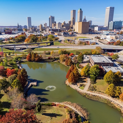 Distant view of cityscape and Veteran's Park in Tulsa, Oklahoma.