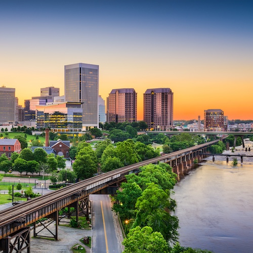 Richmond skyline in Virginia at either sunset or sunrise.