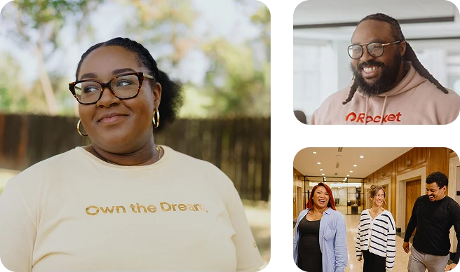 The first image on the left shows a tall building against a clear sky with greenery at the base. The top right image features three people sitting together. The bottom right image shows a person in a red shirt wearing headphones.
