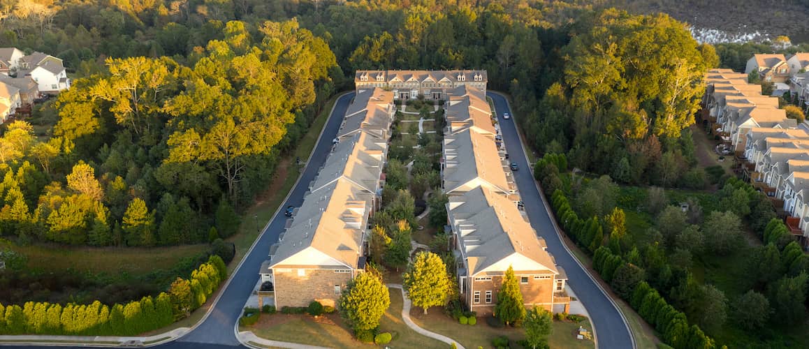 Overhead view of collection of homes in an HOA.