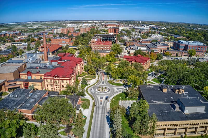 RHB Assets From IGX: An aerial view of Fargo, North Dakota, showcasing its vibrant cityscape and residential areas.