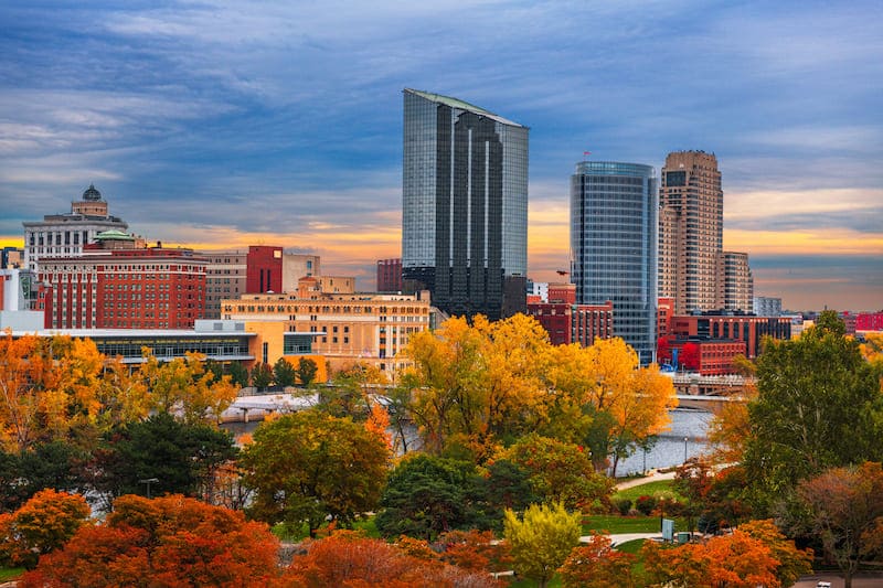 RHB Assets From IGX: A breathtaking view of the Grand Rapids skyline at sunset.