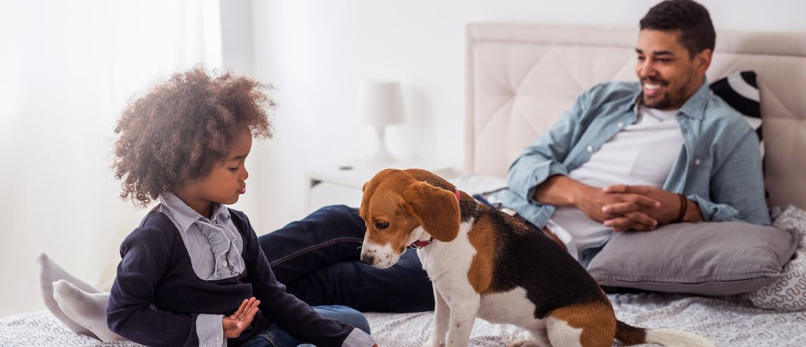 A family with a dog, suggesting a family accompanied by a pet in a residential setting.