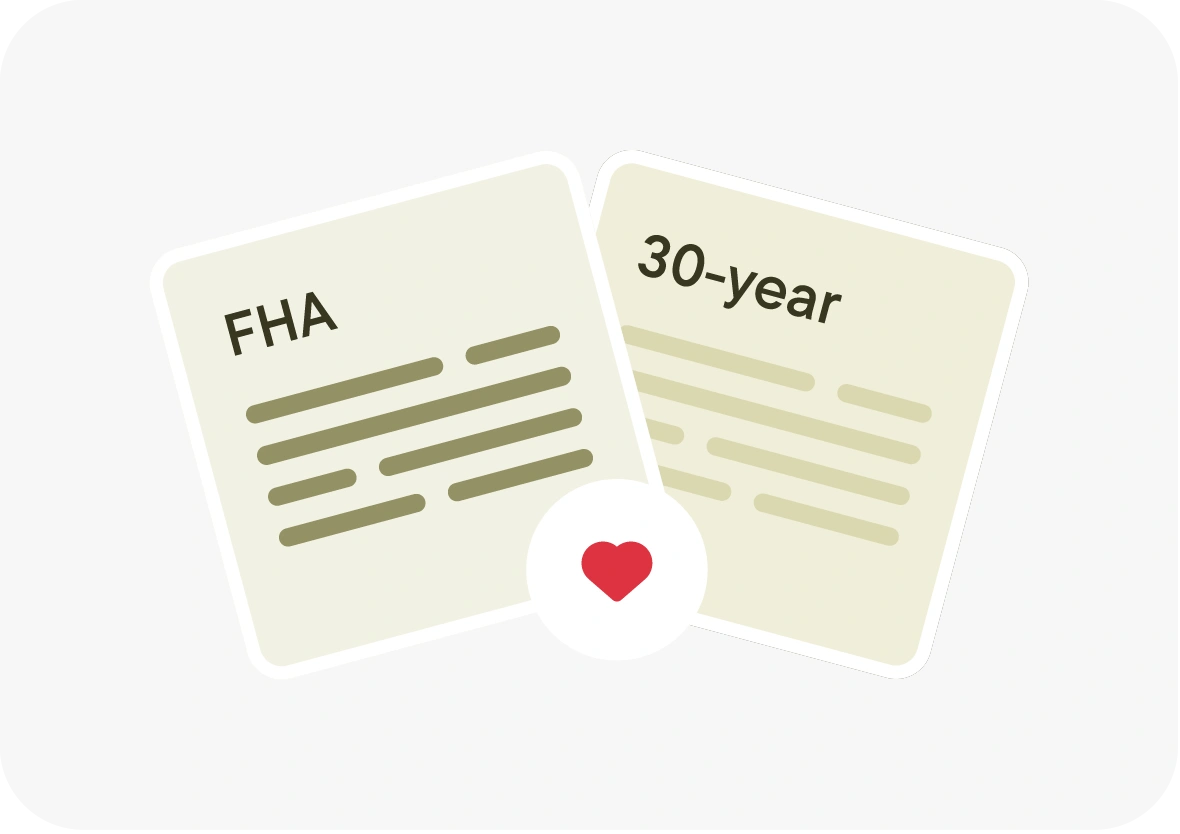 Two overlapping cards. The right card displays “30-year fixed” with placeholder lines for details. The left card shows a person seated indoors, wearing a light-colored top.