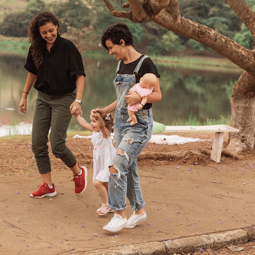 Lesbians walking with their children in a park.