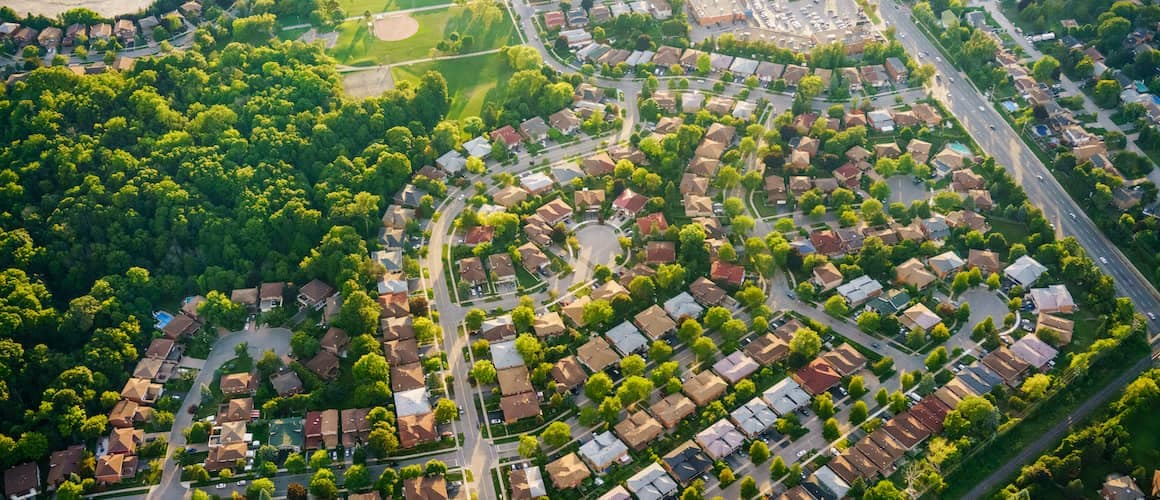 An aerial view of a residential area in Toronto, Canada.