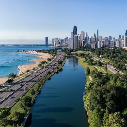 An aerial view of the South Pond on a clear, sunny day.