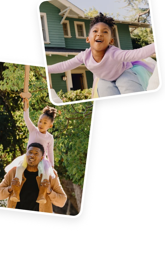 A collage of family photos featuring playful outdoor moments with parents and a child.