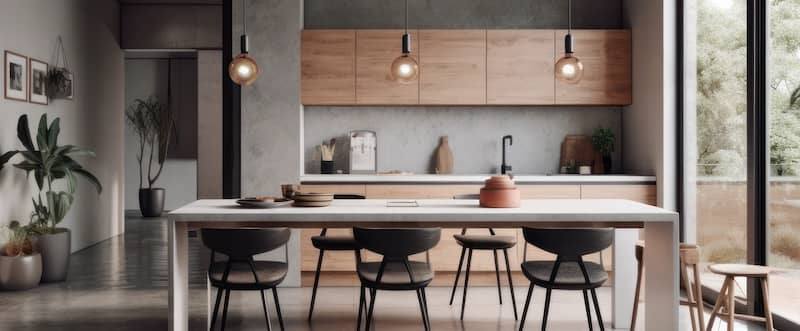 Modern open concept style kitchen and dining room with faux concrete walls and backsplash with wood furniture and floating cabinets.