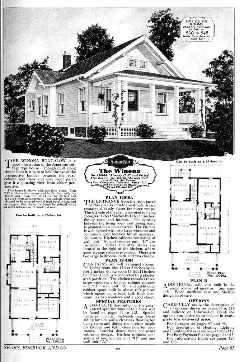 Black and white bungalow style home with description and floor plan underneath as viewed in catalog.