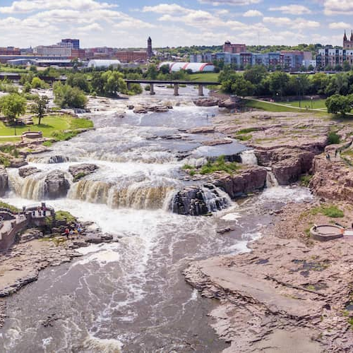 RHB Assets From IGX: Aerial panorama of Sioux Falls, South Dakota and Falls Park