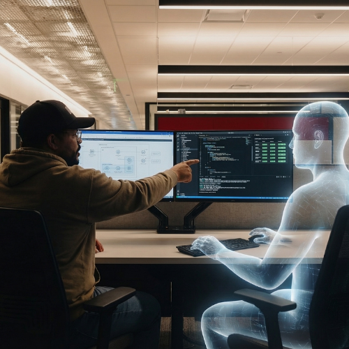 AI working with human at desk computer.