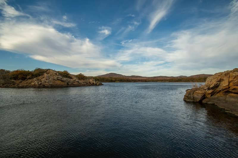 View of large body of water in the Wichita Mountains Wildlife Refuge near Lawton, Oklahoma.