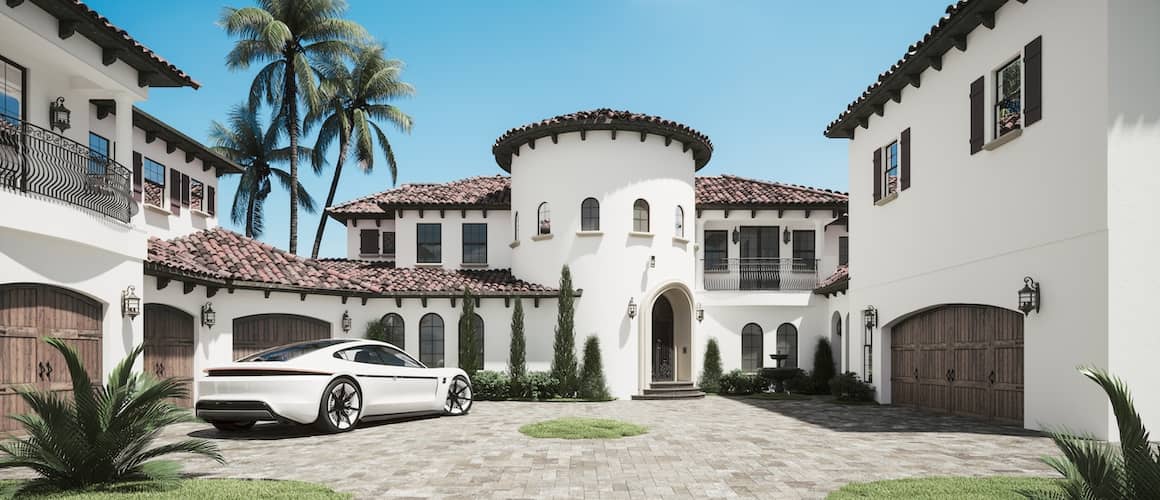 White stucco mansion with a red tiled roof, wood accents and a large courtyard with palm trees and blue skies in the background. 