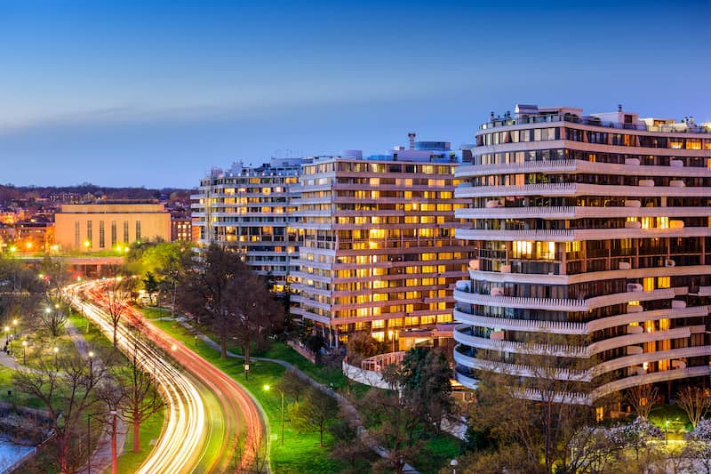 RHB Assets From IGX: Aerial view of Washington, D.C., with bright buildings and traffic hyperlapse.