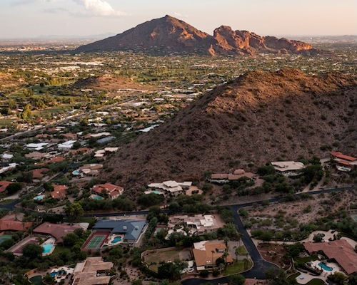 Aerial view of neighborhoods in Paradise Valley near Camelback Mountain in Arizona.