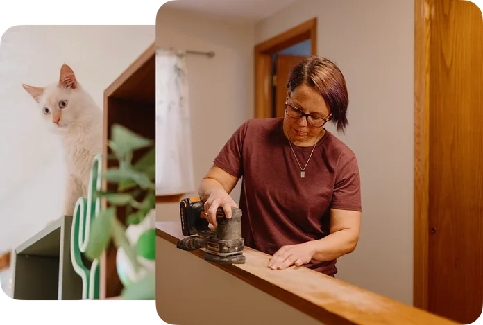 Person sanding a wooden surface indoors with a cat nearby