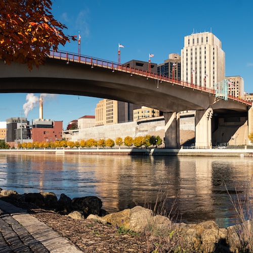 Downtown Saint Paul seen from Harriet Island with bridge in view.