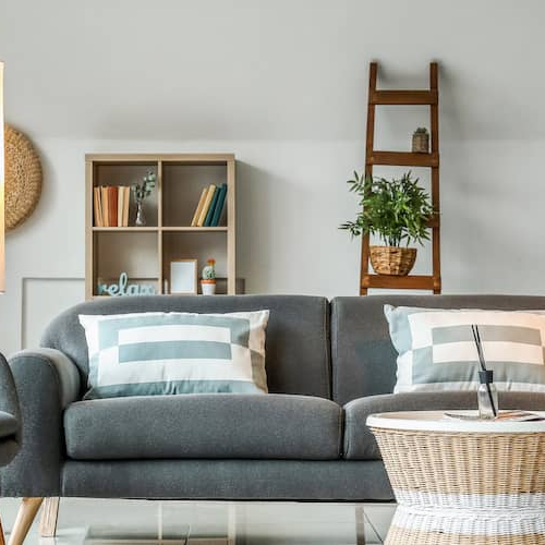 A well-lit living room with tasteful grey furniture and green plants.