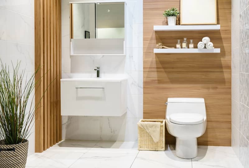 RHB Assets From IGX: Modern bathroom with marble tile and wood panels