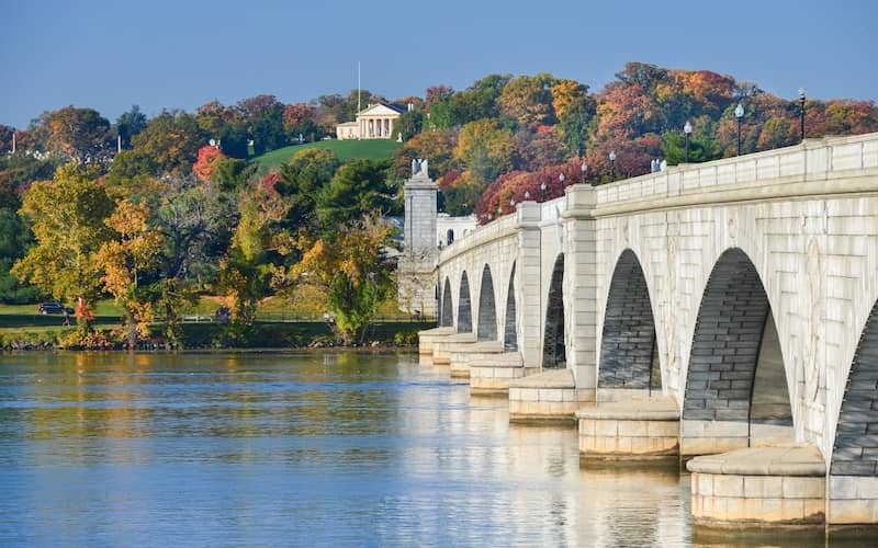 Arlington Memorial Bridge with fall landscape in the back. 