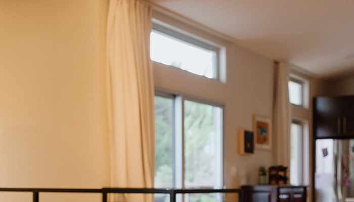 Couch with red pillows and kitchen out of focus in the background.