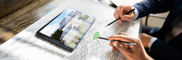 Phone or tablet on top of a paper map displaying a home with solar panels.