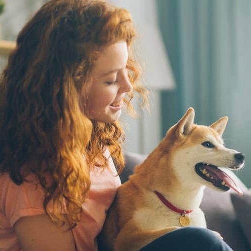 Young woman with a dog, indicating a lifestyle with pets or outdoor activities.