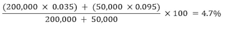 ((200,000 × 0.035) + (50,000 × 0.095)) ÷ (200,000+50,000) × 100 = 4.7%