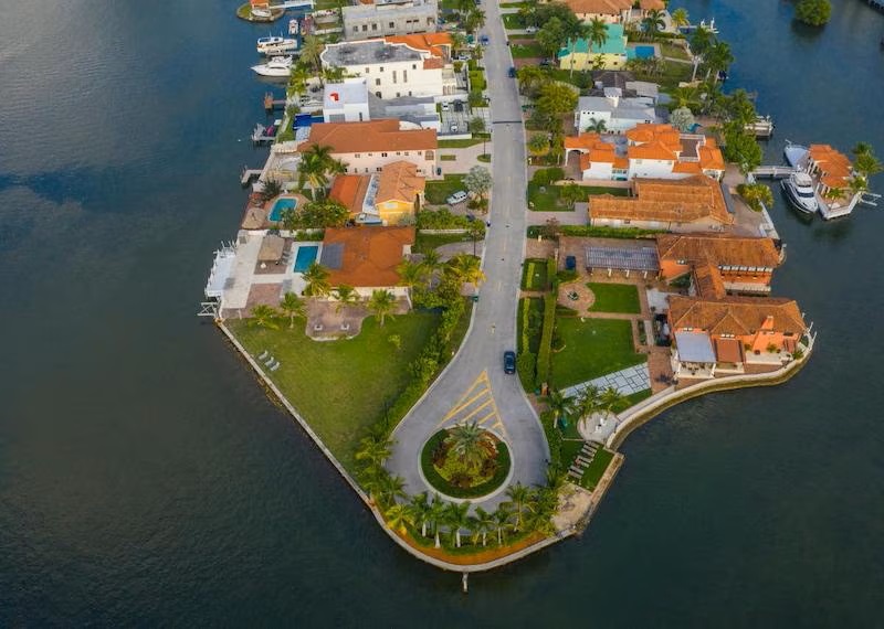 Aerial view of waterfront property in Miami Florida 